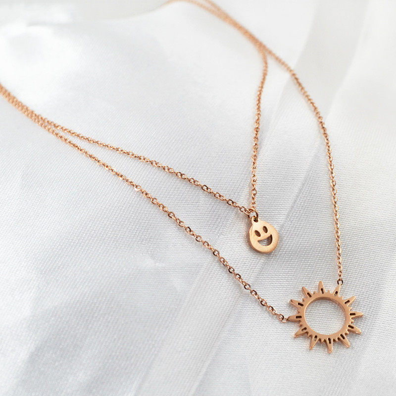 笑脸太阳双层链钛钢玫瑰金项链 创意日韩不掉色女款彩金锁骨颈链