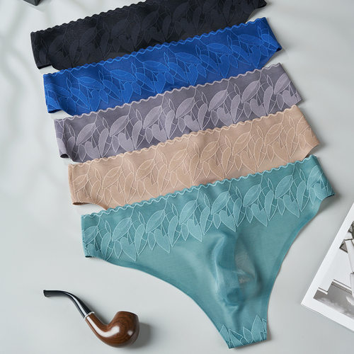 男士性感丁字裤冰感蕾丝腰边单层透气速干无痕内裤一片式欧美T裤
