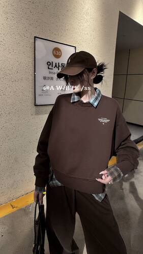 2026秋季新款韩版时毛圈卷边领贴标百搭休闲女宽松显瘦长袖卫衣潮