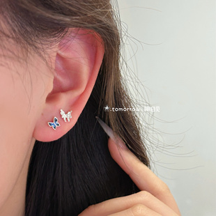 明日见｜蝶蝶脑袋 999足银蓝色滴油蝴蝶耳钉精致小众设计养耳百搭