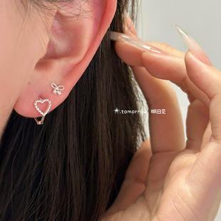 明日见｜镂空蝴蝶结爱心耳钉女通体925银耳环气质2025