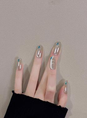 【蓝眼泪2】冰透猫眼纯手工穿戴甲中长款美甲显白蓝色钻高级感