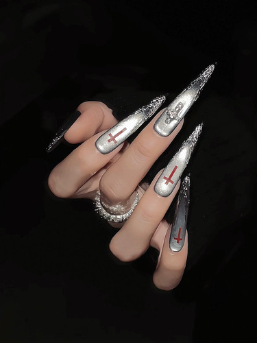 暗黑风美甲十字架猫眼长款穿戴甲