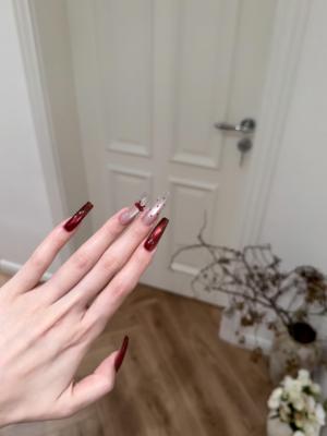 2025新款手工穿戴甲中长款美甲显白高级感新年战甲红色猫眼蝴蝶结