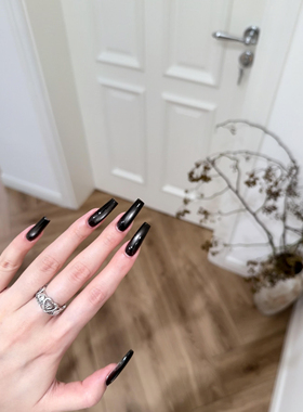 秋冬新款黑色猫眼玻璃珠手工穿戴甲长款美甲显白高级感辣妹暗黑风