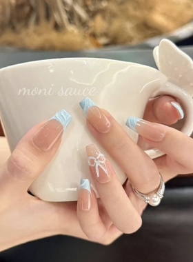 手工定制穿戴甲立体蝴蝶结蓝色法式中长款梯形美甲贴片显白高级感