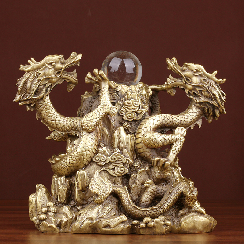黄铜精品双龙戏珠摆件 二龙戏珠 家居玄关办公室工艺铜龙摆件