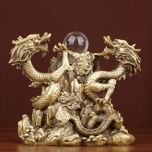 黄铜精品双龙戏珠摆件 二龙戏珠 家居玄关办公室工艺铜龙摆件