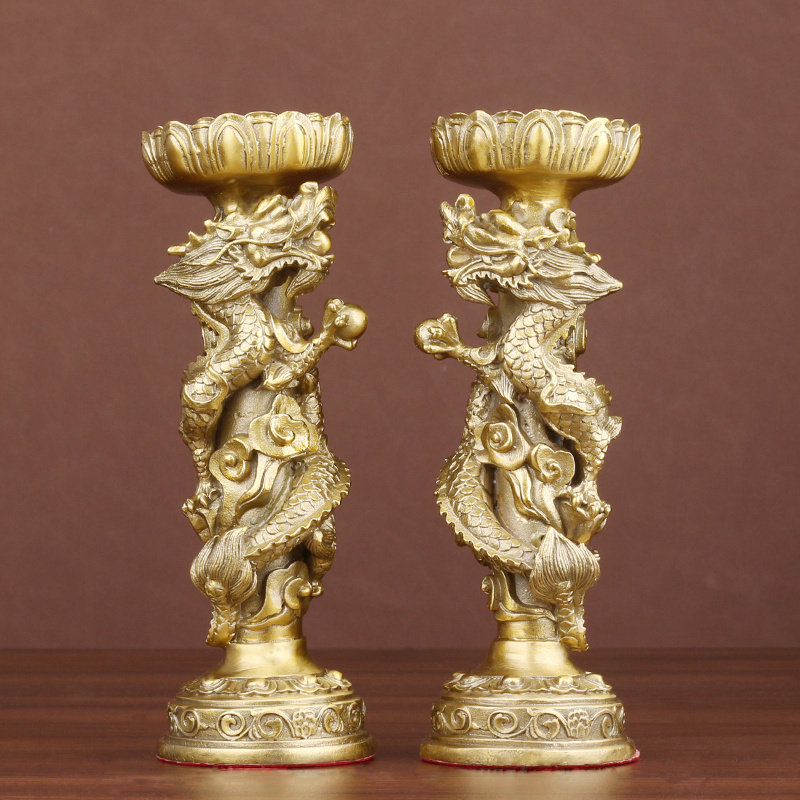 黄铜双龙戏珠烛台供奉佛具用品