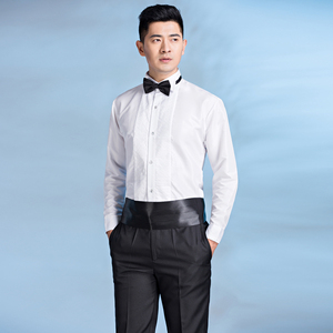 白色长袖学生大合唱演出服男衬衫夏男生毕业礼服领结红歌比赛服装