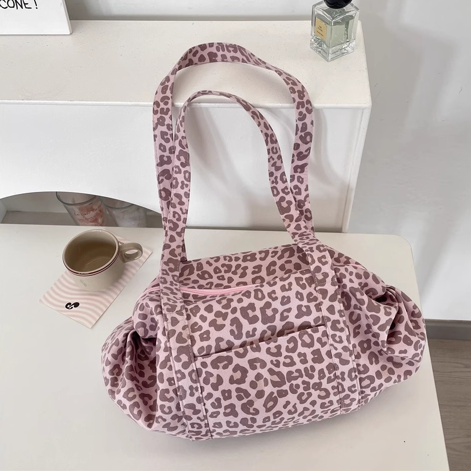 韩版时尚豹纹手提托特包女大容量外出妈咪包麂皮绒慵懒风单肩包女