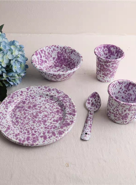 搪瓷印象 韩国ins同款紫色泼墨 沙拉酸奶面碗谷物沙拉碗平盘勺子