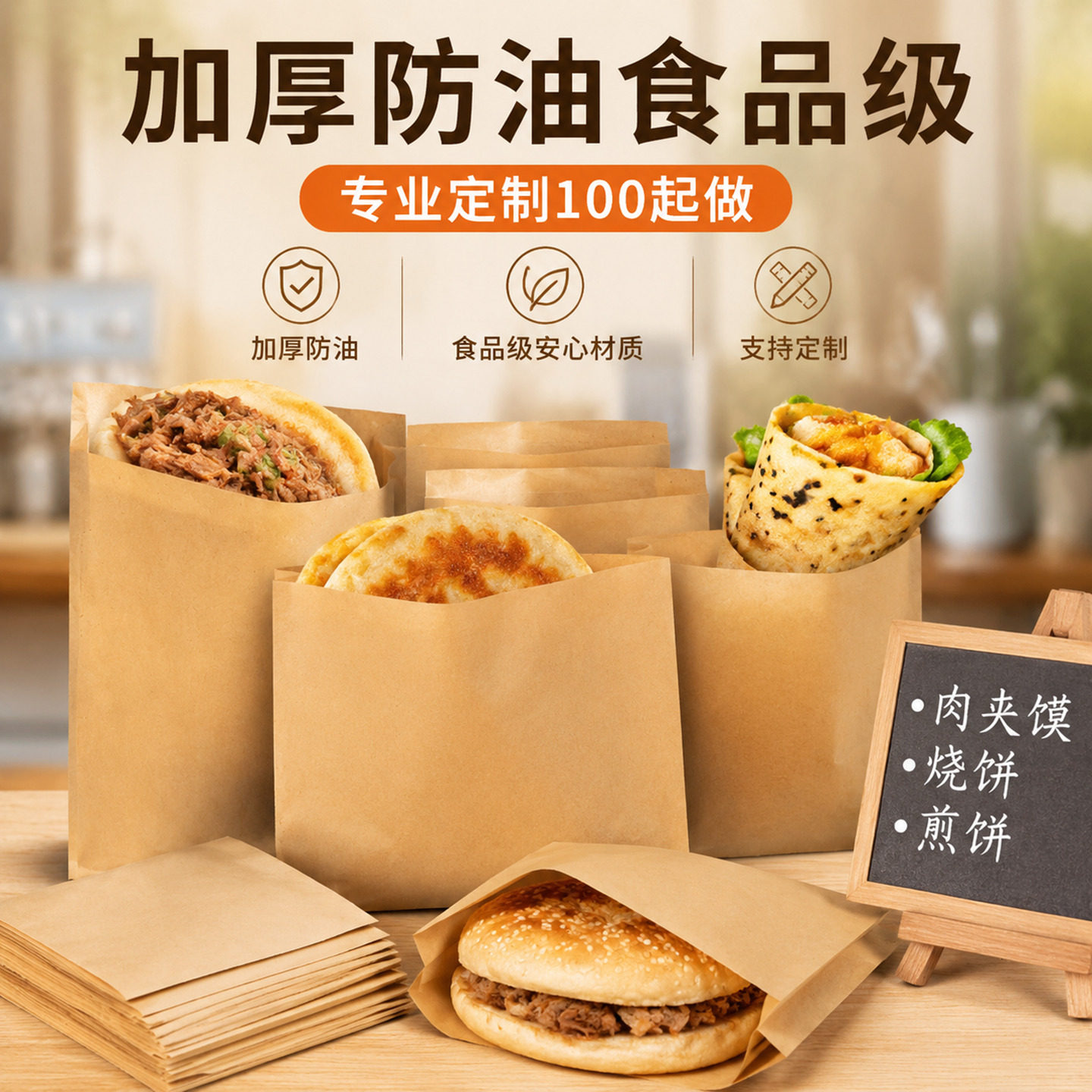 防油牛皮纸袋手抓饼肉夹馍烧饼煎饼商用食品包装袋子打包定做定制
