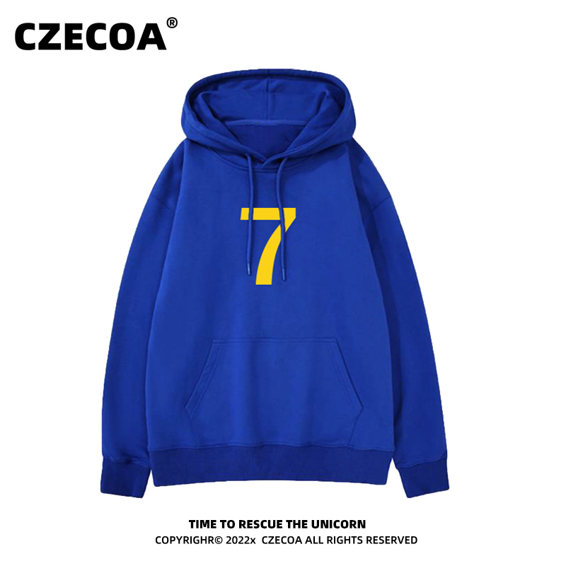 CZECOA潮牌克莱因蓝连帽卫衣秋冬加绒男女数字7情侣上衣重磅帽衫