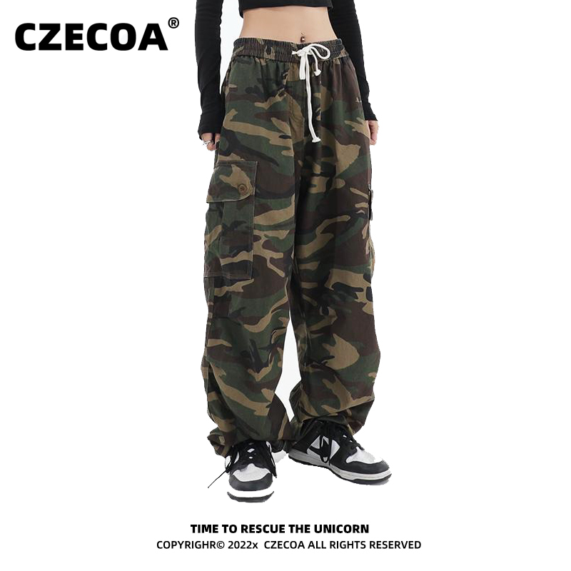 CZECOA潮牌工装裤迷彩男宽松时髦女裤高街嘻哈阔腿裤运动裤百搭