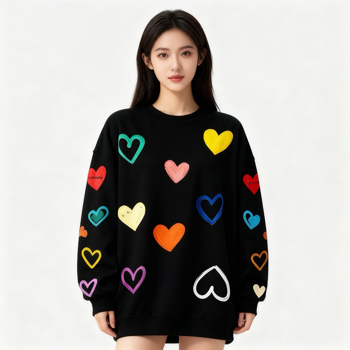 CZECOA原创设计满身撞色爱心印花圆领卫衣秋冬男女重磅百搭上衣潮