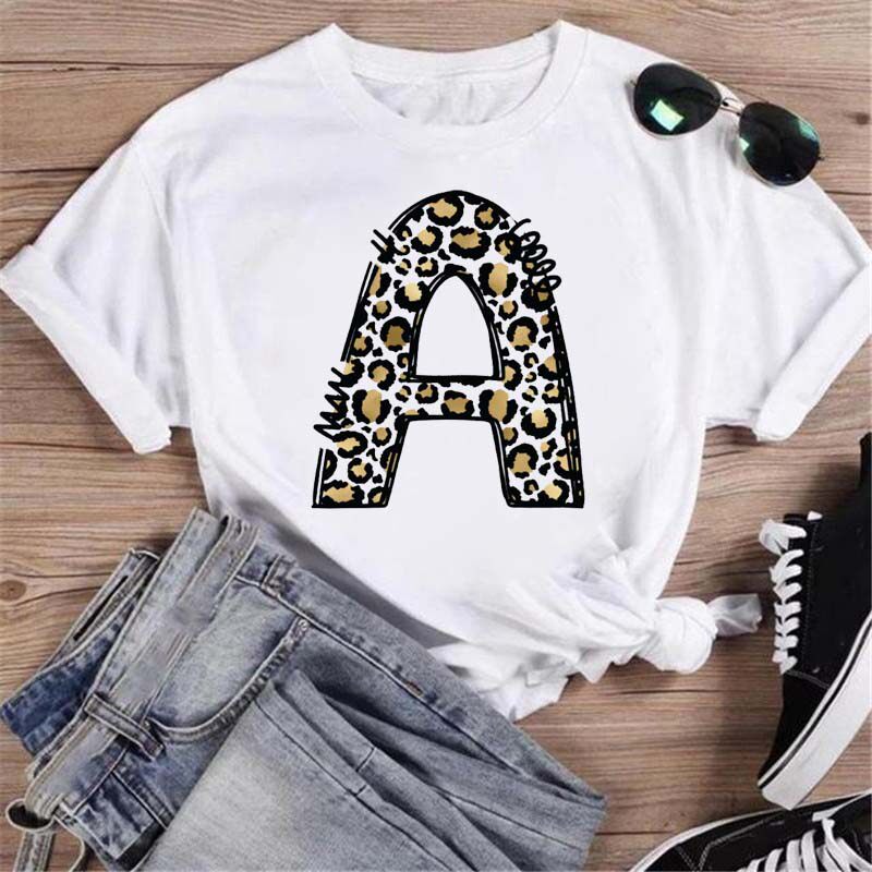 26 english leopard letter tshirt 个性豹纹英文字母abc短袖t恤