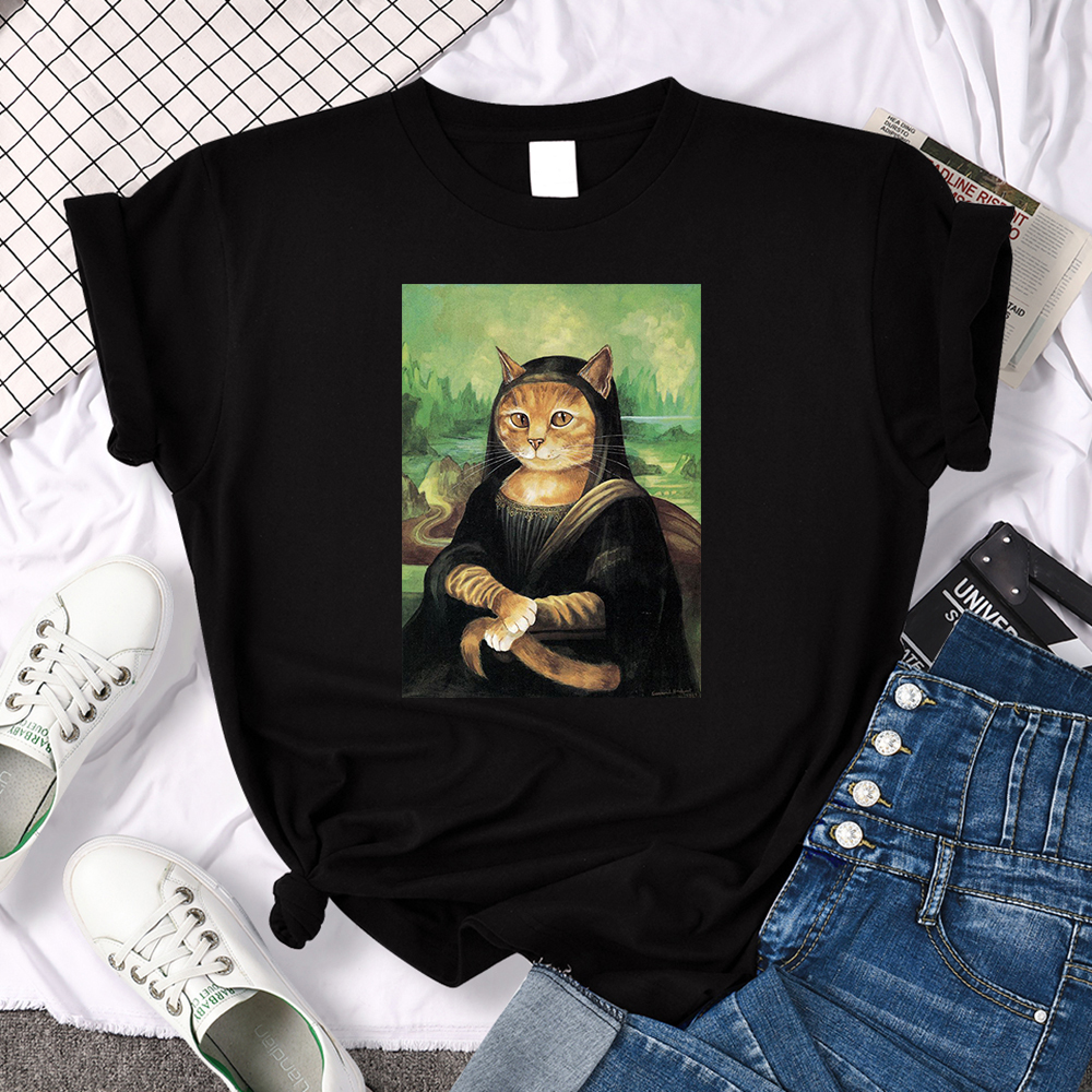 Mona Lisa Hugging Cat T-shirt个性欧美蒙娜丽莎猫咪短袖T恤黑