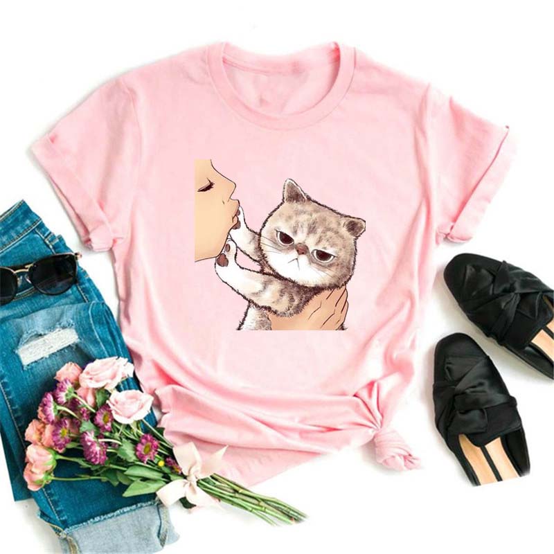 No Kiss T-shirt 2022年拒绝接吻卡通动物猫咪印花男女短袖T恤潮