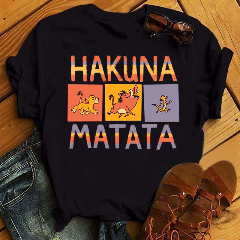 Hakuna Matata Tshirt 个性卡通狮子印花短袖圆领男女黑色T恤女 女装/女士精品 T恤 原图主图