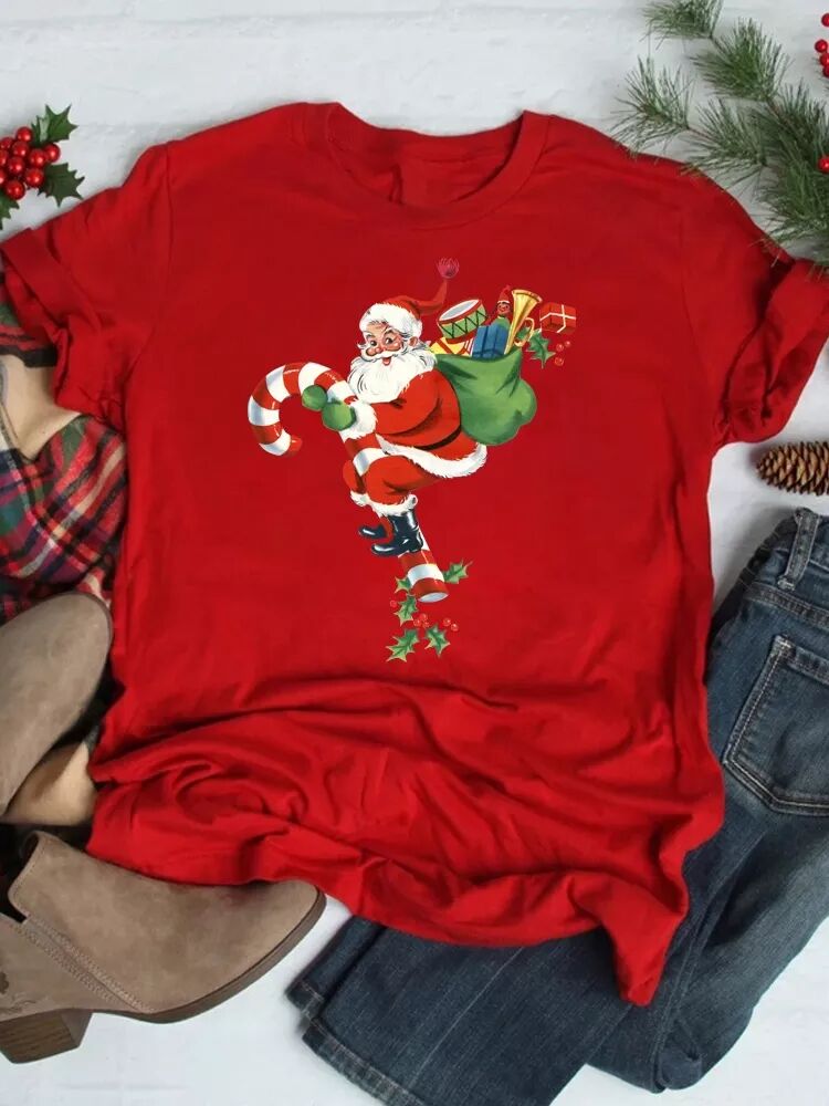 Santa Clause T Shirt Merry Christmas 圣诞老人印花短袖红色T恤