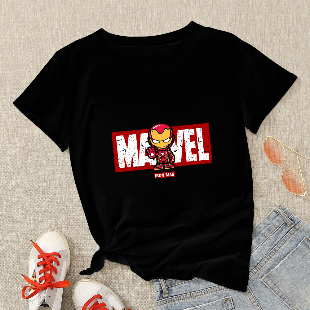 marvel t shirt 2022年夏季漫威钢铁侠超级英雄印花女士黑色t恤潮
