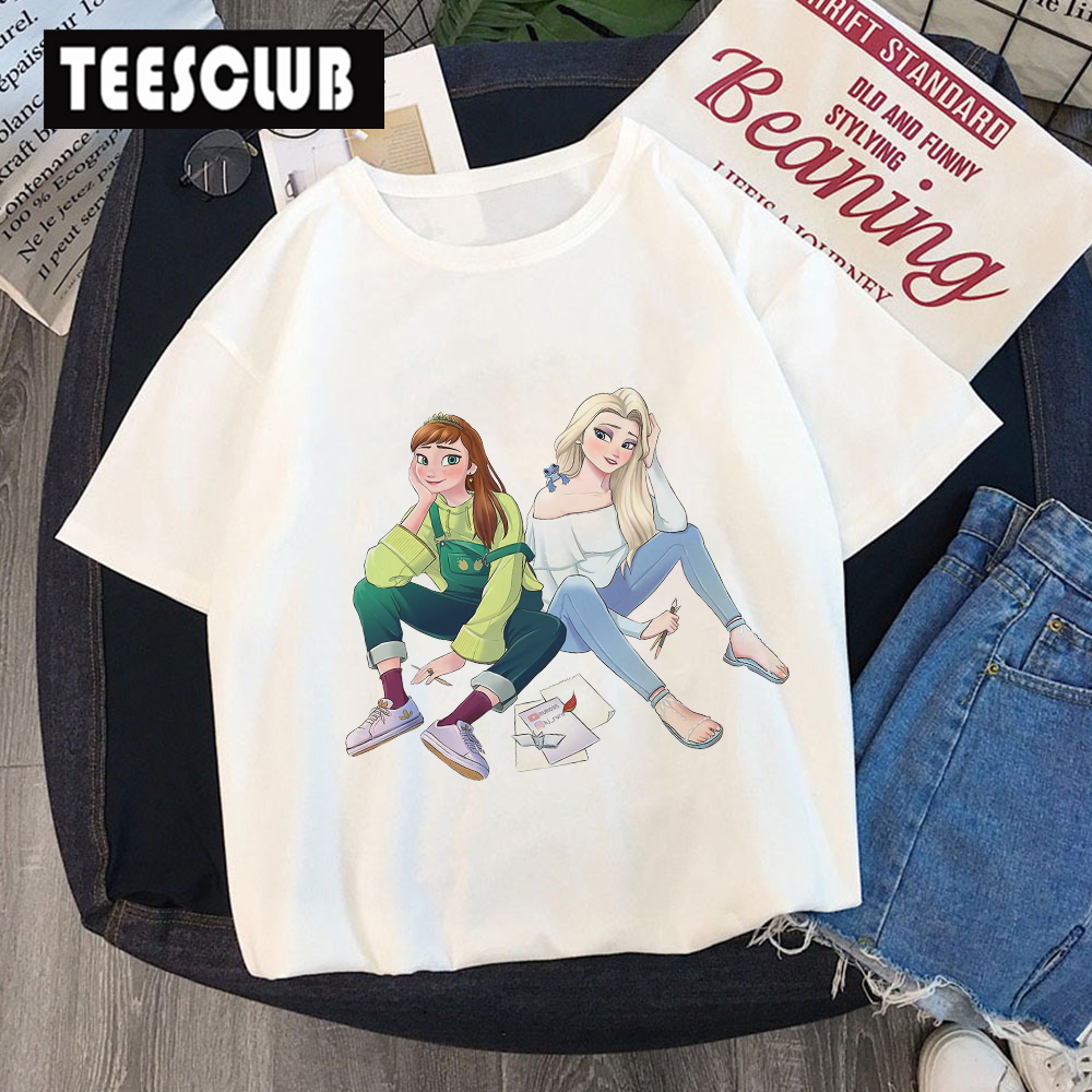 elsa and anna t-shirt 个性时尚艾莎与安娜印花姐妹闺蜜装t恤女