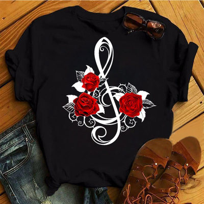 Musical Note Rose T Shirt 个性音符玫瑰花印花圆领短袖T恤黑色