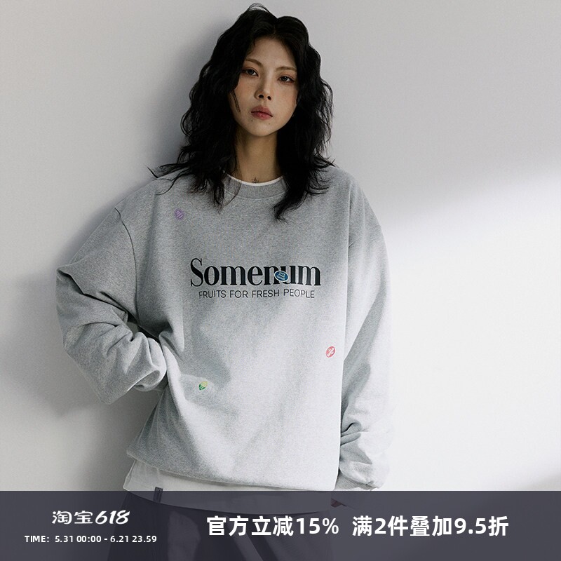 SOMENUM森林 24AW水果贴纸标签情侣秋冬男女字母LOGO圆领套头卫衣