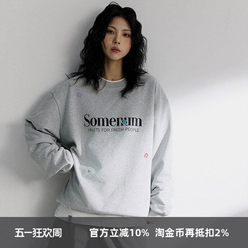 SOMENUM森林 24AW水果贴纸标签情侣秋冬男女字母LOGO圆领套头卫衣