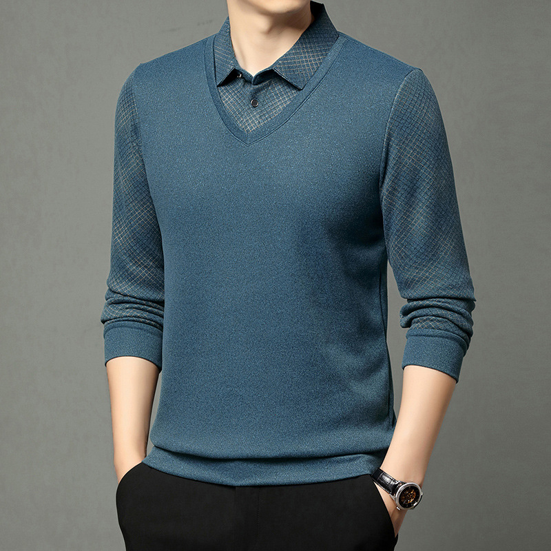 冬季新款男士翻领体恤中年男式时尚休闲假两件打底衫百搭加绒上衣