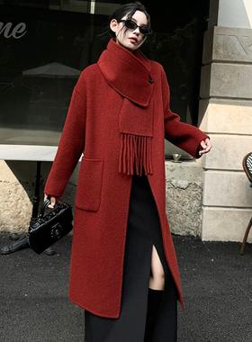 双面羊绒大衣女红色中长款2025秋冬新款高级感围巾可拆卸毛呢外套