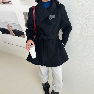 气质翻领双面呢大衣2026秋冬新款女中长款系带收腰显瘦羊毛呢外套