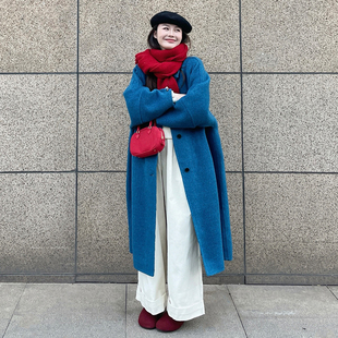 蓝色双面羊绒大衣女长款2025秋冬韩系高级感保暖牦牛绒毛呢外套女