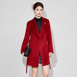 红色双面羊绒大衣女款2025秋冬新款高级感气质翻领小个子毛呢外套