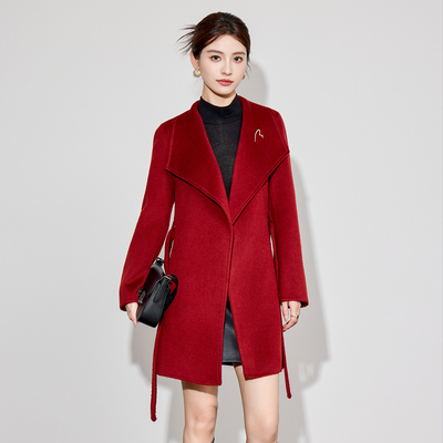 红色双面羊绒大衣女款2025秋冬新款高级感气质翻领小个子毛呢外套