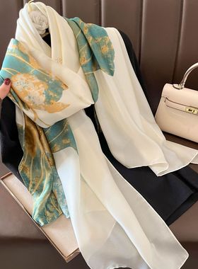 跨境仿真丝围巾长条新丝缎旅游丝巾高级感时尚防晒丝巾披肩女