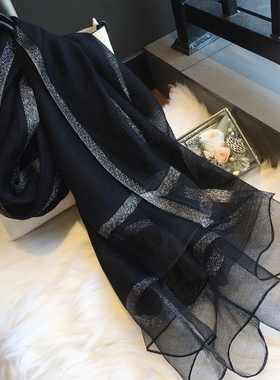 真丝围巾女秋冬韩版百搭水波纹金线纯色长款旗袍披肩纱巾丝巾春秋