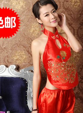 女士性感立领古典红肚兜套装 旗袍领吊带睡衣 民族风特价免邮