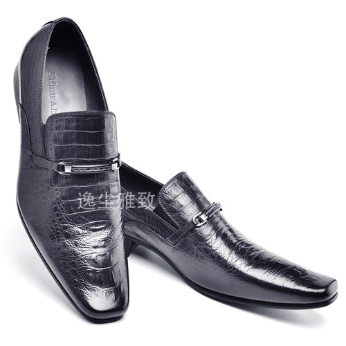 逸尘雅致高档鳄鱼纹商务正装搭扣方头套脚白领金融公务员皮鞋