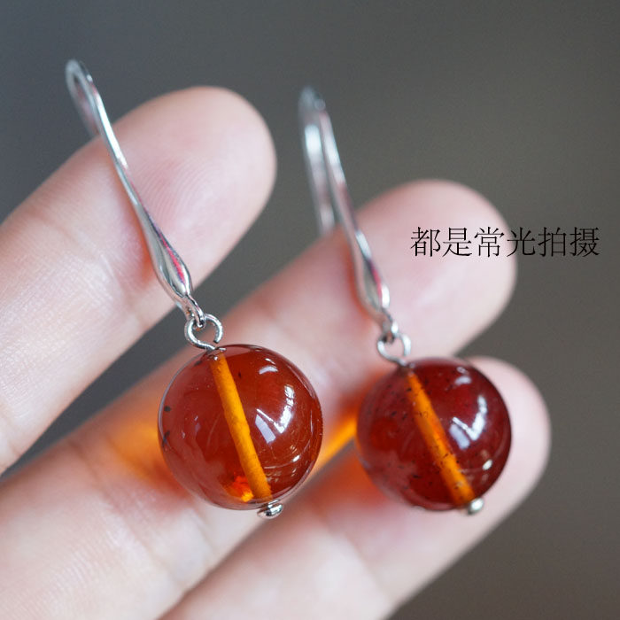 绎光年 天然花珀圆珠耳坠 925银镶琥珀茶色圆珠耳坠 复古耳环耳钩