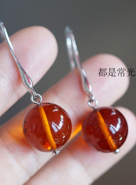 绎光年 天然花珀圆珠耳坠 925银镶琥珀茶色圆珠耳坠 复古耳环耳钩