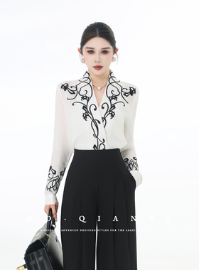 MD千亿【素绢点墨】2026春夏刺绣长袖时尚V领显瘦百搭衬衫