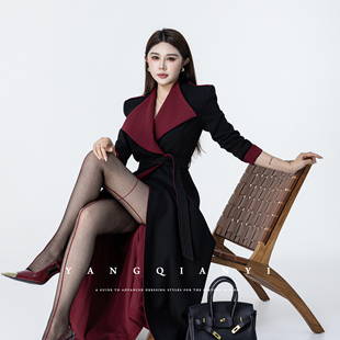 MD千亿通勤外套修身长袖长款西装领双排扣风衣女式简约翻领撞色冬
