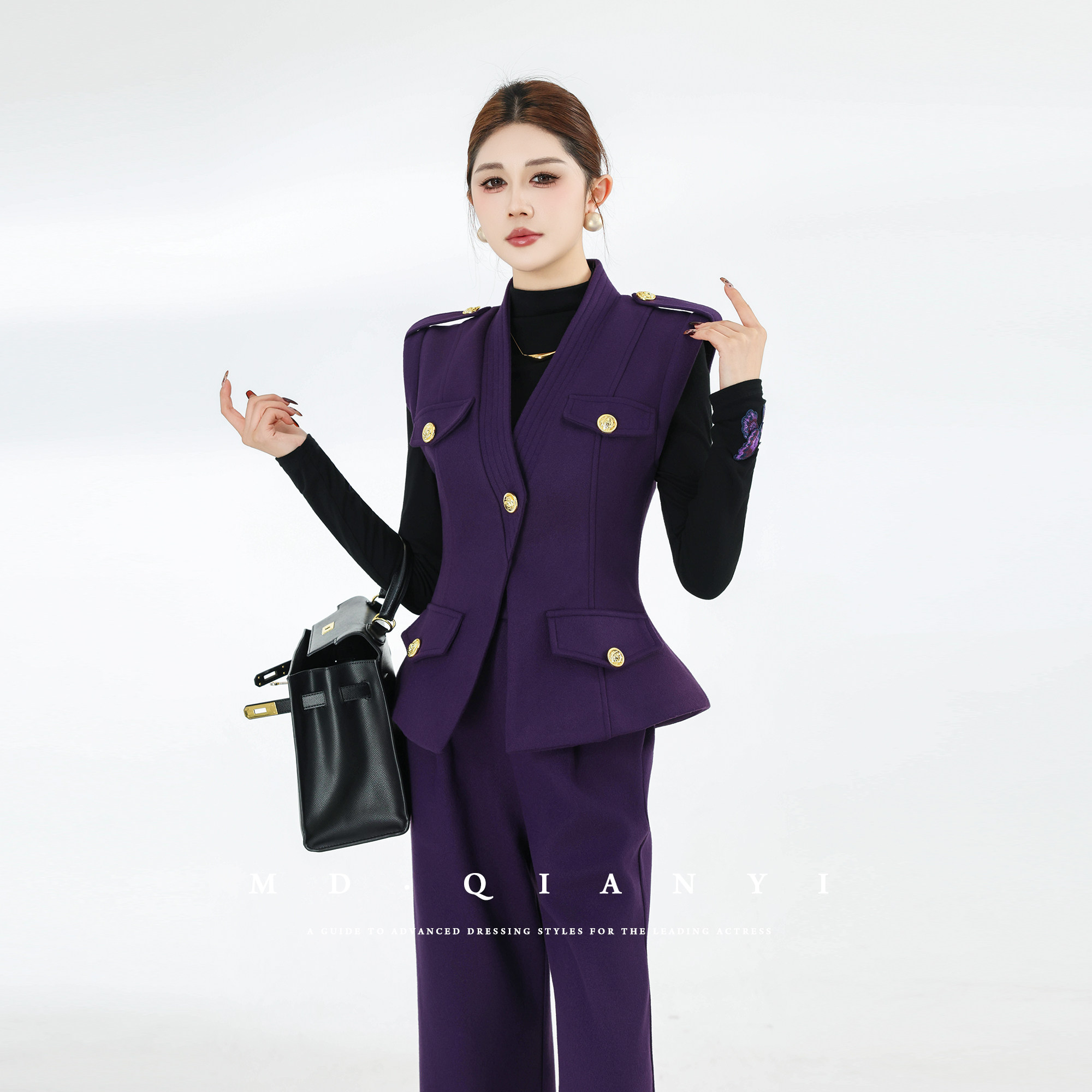 MD千亿【紫金风华】2025冬季加棉马甲裤子时尚套装