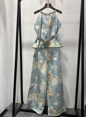 夏季无袖小白花蓝色底背心上衣十长裤套装