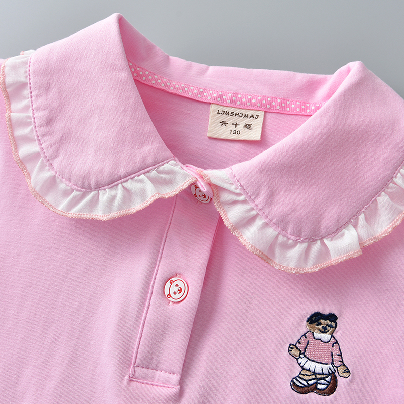 女童翻领短袖T恤2025夏装女孩有领休闲上衣儿童中大童小熊Polo衫