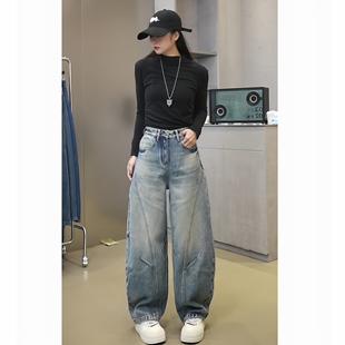 女加绒高街休闲拖地裤 2025秋冬新款 宽松百搭简约设计弯刀牛仔裤