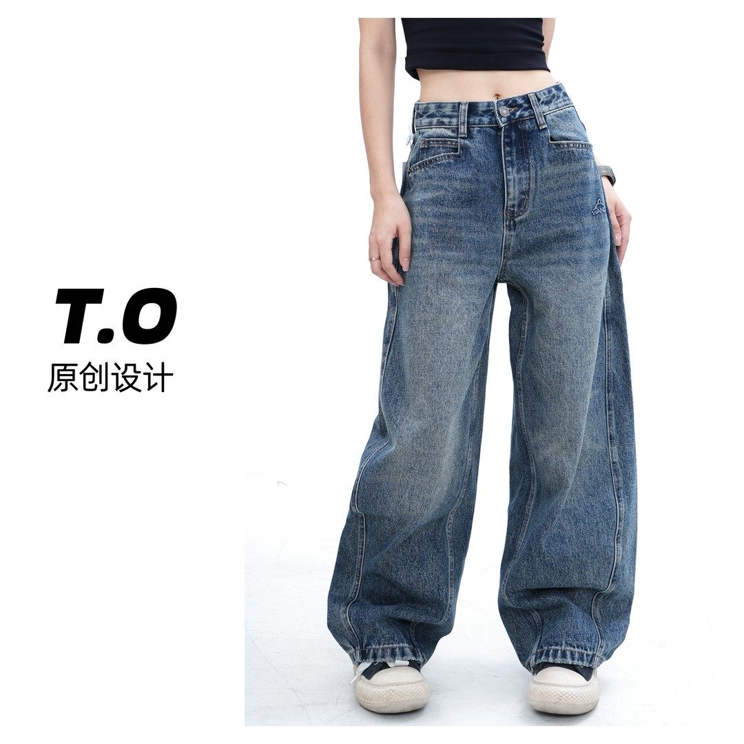 TO【海豚裤】美式复古高腰阔腿牛仔裤女春秋新款宽松显瘦弯刀长裤