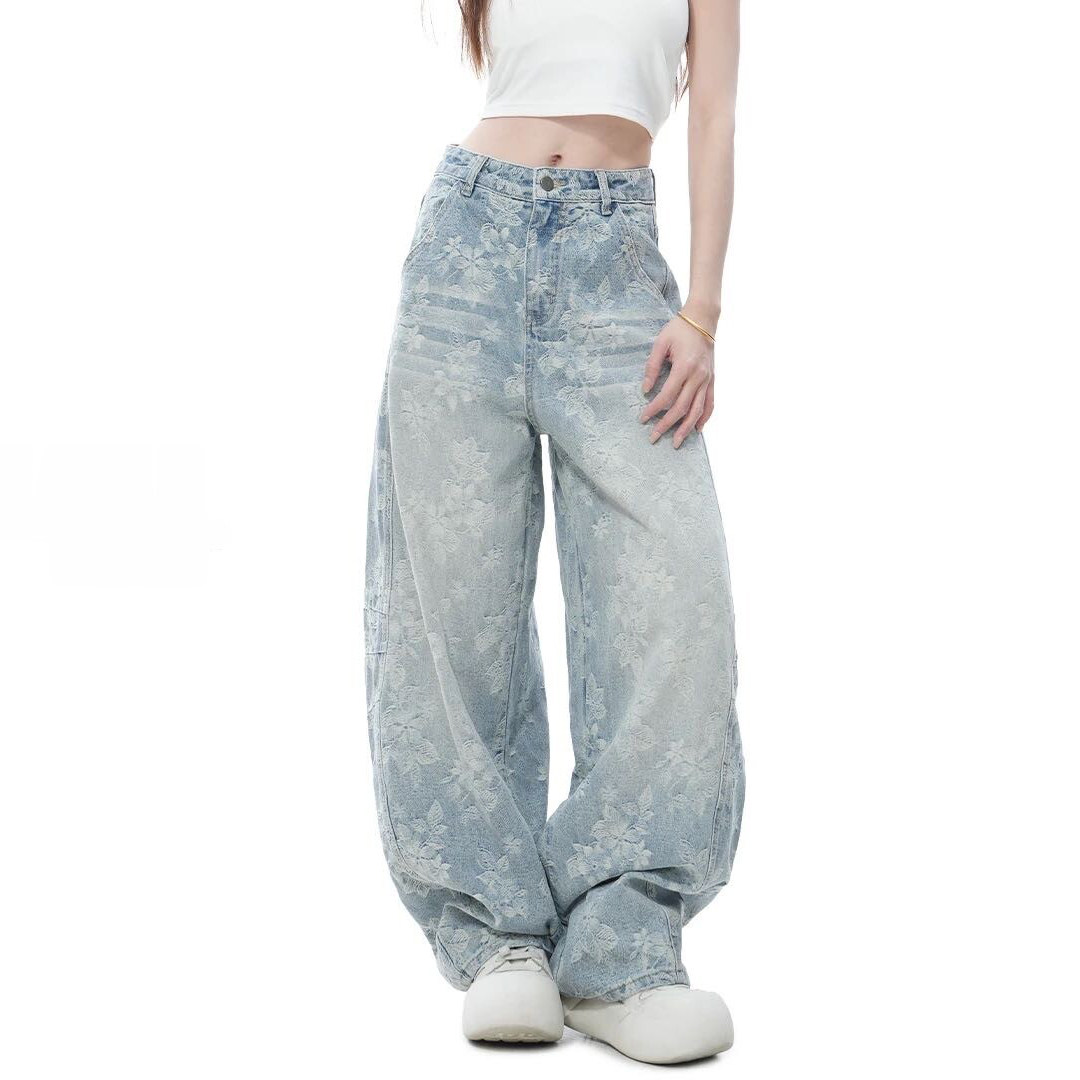 玫瑰花水洗设计美式复古牛仔裤女2026春秋新款宽松阔腿显瘦堆堆裤